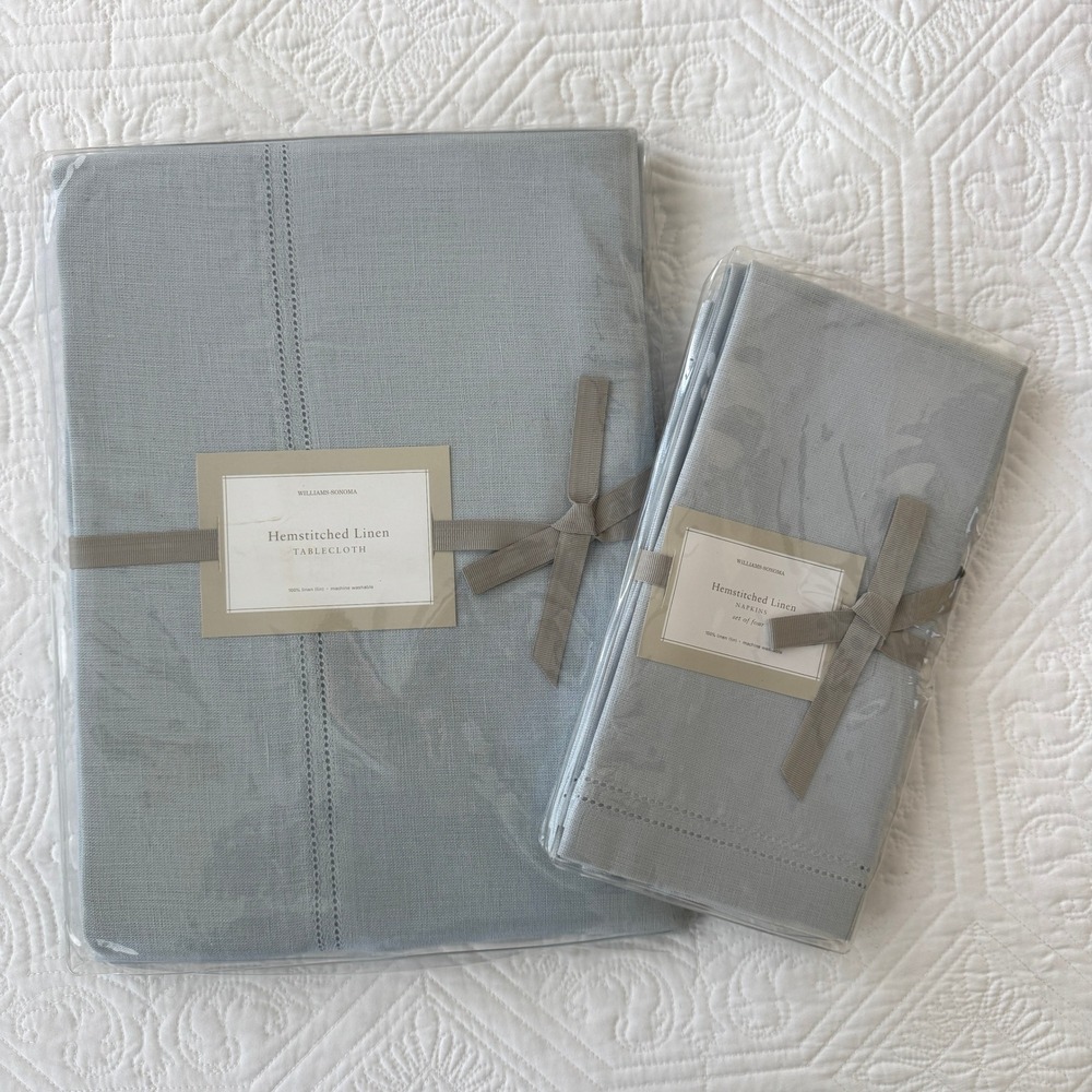 Williams Sonoma Hemstitched Linen Tablecloth 70x70 & 4 Napkins Set Pale Blue NWT